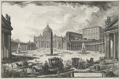 Udsigt over Peterspladsen med Peterskirken i Vatikanstaten Veduta della gran Piazza e Basilica di S. Pietr (...) (titel på objektet) Udsigt over Rom (serietitel) Vedute di Roma disegnate ed incise da Giambattista Piranesi architetto af Giovanni-Battista Piranesi