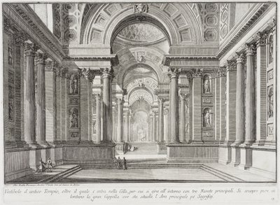 Imaginært antikt tempel, udformet i stil med dem, der blev bygget til ære for gudinden Vesta: i midten er det store alter, hvor vestalinderne bevarede den uudslukkelige hellige ild... af Giovanni Battista Piranesi
