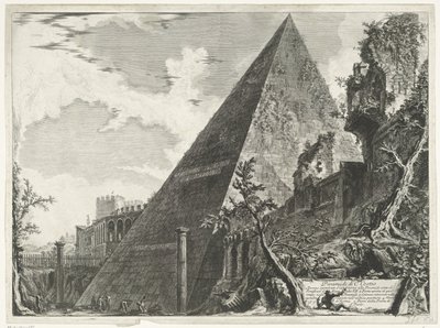 Piramide van Cestius i Rom Pyramide af C. Cestio (titel på objekt) Gezichten op Rom (serietitel) Udsigt over Rom designet og indgraveret af Giambattista Piranesi-arkitekten Ve (nez) iano (serietitel) af Giovanni Battista Piranesi