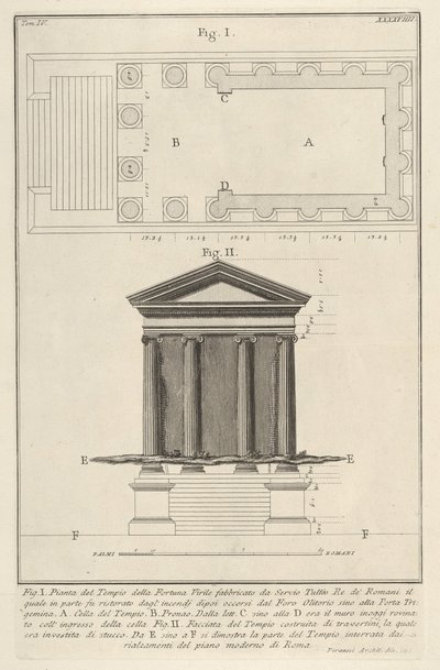 Plan og facade af Temple of Fortuna Virilis Tempio della Fortuna Virile, fra s..., 1756. af Giovanni Battista Piranesi