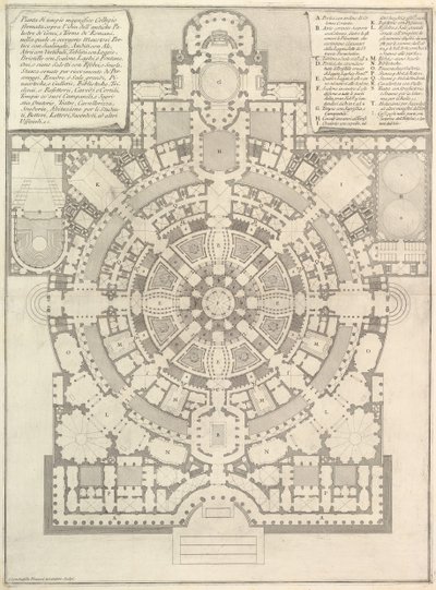 Plan over et rummeligt og storslået kollegium designet efter det gamle gymnasium i Grækenland, 1750. af Giovanni Battista Piranesi