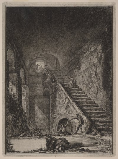 Perspektiv af trappen til vandreservoiret ved de allerede nævnte boliger, angivet på planen i tavle XIII med bogstavet G. af Giovanni Battista Piranesi