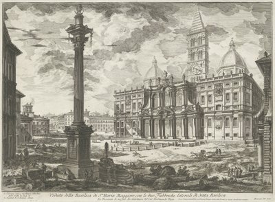 Santa Maria Maggiore i Rom Udsigt over basilikaen Santa Maria Maggiore med de to sidefabrikker af nævnte basilika (titel på objektet) Gezichten op Rom (serietitel) Udsigt over Rom designet og indgraveret af Giambattista Piranesi-arkitekten Ve (nez) bl.a af Giovanni Battista Piranesi