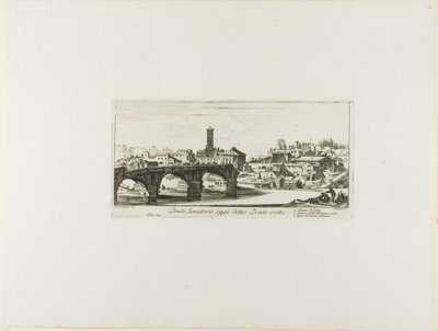 Senatsbroen, i dag kaldet Ponte Rotto [den ødelagte bro]. 1. Templet for Vesta. 2. Templet for Fortuna Virilis. 3. En del af det gamle Palatin, plade 14 fra Some Views of Triumphal Arches and other Monuments af Giovanni-Battista Piranesi