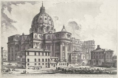 Sint-Pietersbasiliek vanaf Sakristiets Plads Udsigt over det ydre af den store Peterskirke i Vatikanet (titel på objektet) Gezichten op Rom (serietitel) Udsigt over Rom designet og indgraveret af Giambattista Piranesi-arkitekten Ve (nez) iano (ser) af Giovanni Battista Piranesi