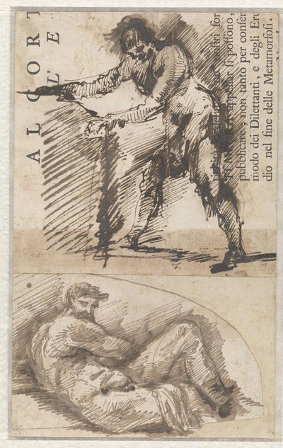 Studie af en stående mandlig figur, der måler en sokkel op (a). Studie efter Michelangelos Il Giorno (b) af Giovanni Battista Piranesi