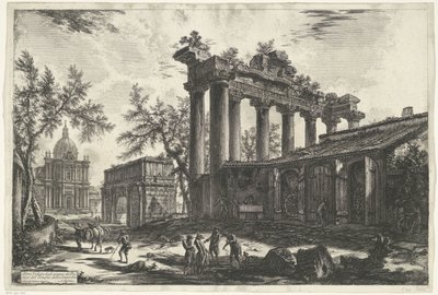 Tempel van Saturnus i Rom En anden udsigt over resterne af Pronaos af Concordia-templet (titel på objektet) Gezichten op Rom (serietitel) Udsigt over Rom designet og indgraveret af Giambattista Piranesi-arkitekten Ve (nez) iano (serietitel) af Giovanni Battista Piranesi