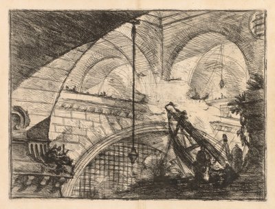 Fængslerne: En række gallerier med kranlignende opstilling af bjælker af Giovanni Battista Piranesi