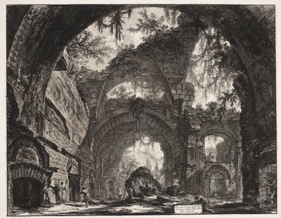 Thermen i de Villa Adriana t og Tivoli Ruinerne af et galleri med statuer i Hadrians villa i Tivoli (titel på objektet) Gezichten op Rom (serietitel) Udsigt over Rom designet og indgraveret af Giambattista Piranesi-arkitekten Ve (nez) iano (serietitel) af Giovanni-Battista Piranesi