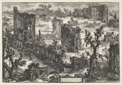 Thermen van Trajanus te Rom Udsigt over Terme di Tito (...) (titel på objekt) Gezichten op Rom (serietitel) Udsigt over Rom designet og indgraveret af Giambattista Piranesi-arkitekten Ve (nez) iano (serietitel) af Giovanni Battista Piranesi