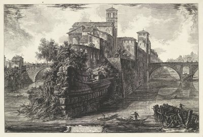 Tibereiland te Rom Udsigt over Tiberøen (titel på objekt) Gezichten op Rom (serietitel) Udsigt over Rom designet og indgraveret af Giambattista Piranesi-arkitekten Ve (nez) iano (serietitel) af Giovanni Battista Piranesi