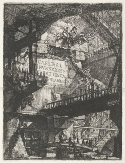 Titelprint med ansigt i fangehul og titel på væg Dungeons (serietitel) Carceri d