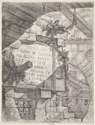 Titelprint med ansigt i fangehul og titel på væg Dungeons (serietitel) Invenzioni Capric di Carceri all Acqua Forte (serietitel på objekt) af Giovanni Battista Piranesi