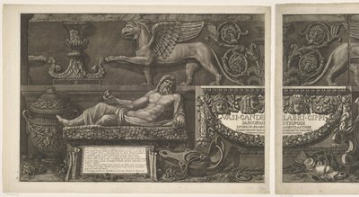 Titeltryk med skulpturer, udskårne relieffer og en sarkofag med titel Vaser, lysestager, gravsten, sarkofager, stativer, lamper og ornamenter designet og indgraveret af Giovanni Battista Piranesi (serietitel) Vasi, candelabri, cippi, sarkofag af Giovanni Battista Piranesi