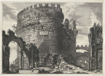Tombe van Caecilia Metella te Rom Cecilia Metells grav (...) (titel på objekt) Gezichten op Rom (serietitel) Udsigt over Rom designet og indgraveret af Giambattista Piranesi-arkitekten Ve (nez) iano (serietitel) af Giovanni Battista Piranesi