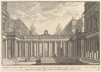 Udsigt over en gårdhave med en loggia, springvand, statuer og andre ornamenter Prospetto ..., ca. 1750. af Giovanni Battista Piranesi