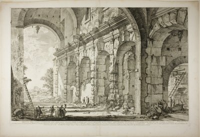 Udsigt over den øverste etage af Bure for vilde dyr bygget af kejser Domitian, forbundet med det flaviske amfiteater og almindeligvis kaldet Curia Hostilia, fra udsigt over Rom af Giovanni-Battista Piranesi
