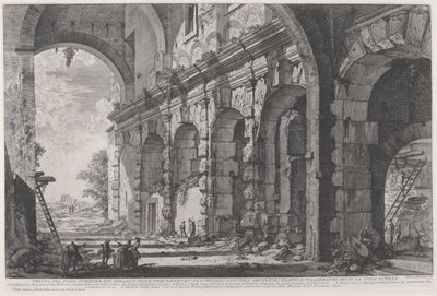 Udsigt over den øverste etage af Bure for vilde dyr bygget af kejser Domitian, forbundet med det flaviske amfiteater og almindeligvis kaldet Curia Hostilia, ca. 1760-1778 (radering) af Giovanni Battista Piranesi