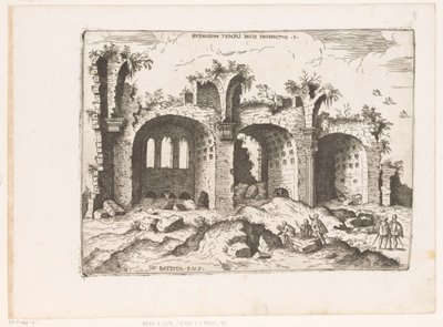Gezicht op de Basilica van Maxentius te Rom Udsigt over ruinerne af Fredens tempel (titel på objektet) Romerske ruiner (serietitel) Nogle vigtige monumenter fra romersk oldtid (...) (serietitel) af Giovanni Battista Pittoni (I)