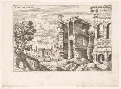 Se på Colosseum og omgivelserne i Rom Colosseum ro prospekt (titel på objekt) Romerske ruiner (serietitel) Nogle vigtige monumenter fra den romerske oldtid (...) (serietitel) af Giovanni Battista Pittoni (I)
