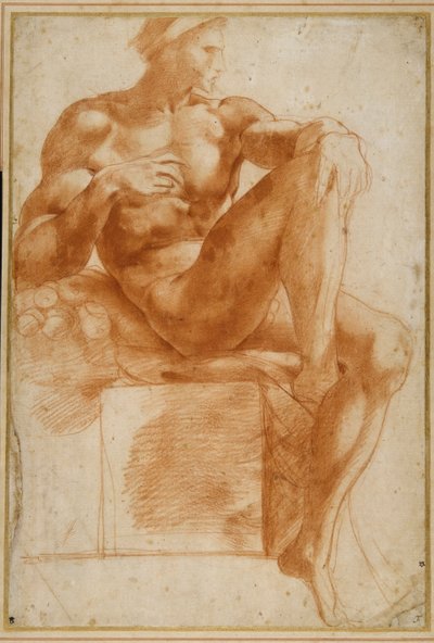 Ignudo på det sixtinske hvælving (rødt kridt på cremepapir) af Giovanni Battista Rosso Fiorentino
