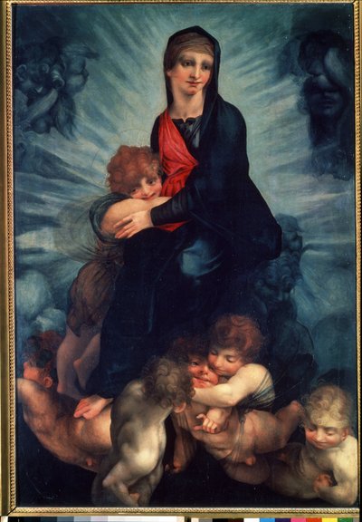 Jomfruen og barnet med engle (Jomfruen og barnet med engle). Maleri af Fiorentino Rosso (1495-1540). Olie på lærred af Giovanni Battista Rosso Fiorentino