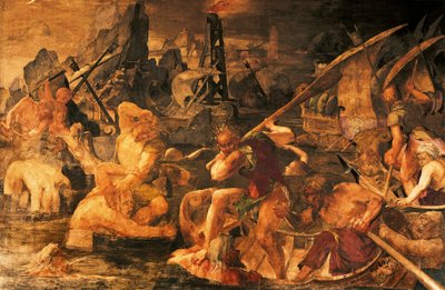 Søkamp, fresco Gallery of Francis I, Chateau de Fontainebleau (et verdensarvssted af UNESCO af Giovanni Battista Rosso Fiorentino