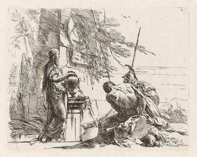 En kvinde med hænderne på en vase, en soldat og en slave, fra Vari capricci (Various Capriccios) af Giovanni Battista Tiepolo