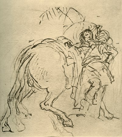 En rytter lænet sig op ad sin hest, c1740