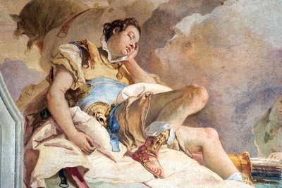 Detalje af Rinaldo, fra Armida, der bortfører den sovende Rinaldo, fra Jerusalems værelse leveret i Palazzina, 1757 af Giovanni Battista Tiepolo