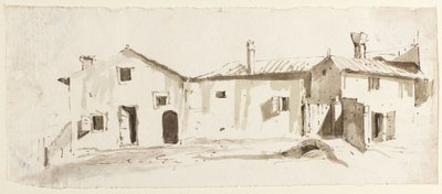 Landbrugsbygninger med åbne døre, bro og port af Giovanni Battista Tiepolo