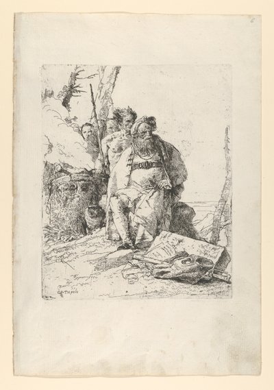 Tryllekunstner med fire figurer nær et rygende alter, fra Scherzi, ca. 1743-52. af Giovanni Battista Tiepolo
