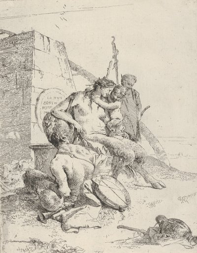Satyrfamilie med Obelisken, fra Scherzi, ca. 1743-50. af Giovanni Battista Tiepolo