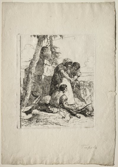 Scherzi di Fantasia: Tryllekunstner, der peger på et brændende hoved til to unge af Giovanni Battista Tiepolo