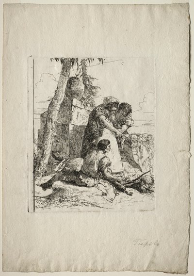 Scherzi di Fantasia: Tryllekunstner der peger på et brændende hoved til to unge, 1750