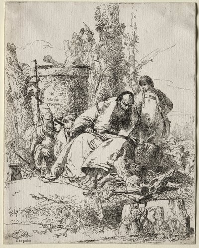 Scherzi di Fantasia: siddende tryllekunstner, dreng og fire figurer af Giovanni Battista Tiepolo