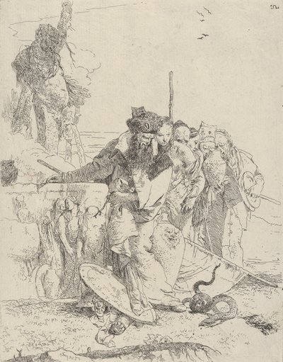 Seks personer ser på en slange fra Scherzi, ca. 1743-50. af Giovanni Battista Tiepolo
