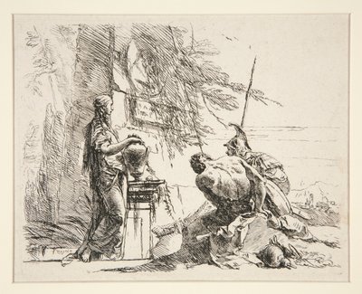 Stående kvinde og siddende mand foran en obelisk, fra serien Vari Capricci af Giovanni Battista Tiepolo