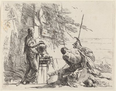 Stående Kvinde og siddende Mænd foran en Obelisk af Giovanni Battista Tiepolo
