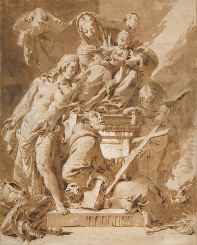 Jomfruen og barnet på tronen med den hellige Sebastian og en franciskanerhelgen, 1696-1770. af Giovanni Battista Tiepolo