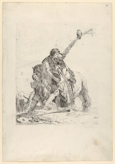 Tre mænd stående ved siden af en hest, fra Scherzi, ca. 1740. af Giovanni Battista Tiepolo