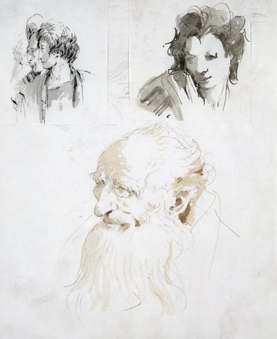 Tre undersøgelser af hoveder (pen, blæk og vask på papir) af Giovanni Battista Tiepolo