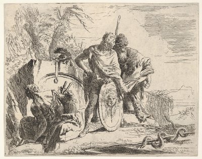 Tre figurer og en slange viklet rundt om en stav, omgivet af et landskab, ce..., 1700-tallet. af Giovanni Battista Tiepolo