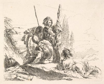 Tre soldater og en ung liggende på underlivet i et landskab, soldaterne bærer en..., ca. 1740-42. af Giovanni Battista Tiepolo