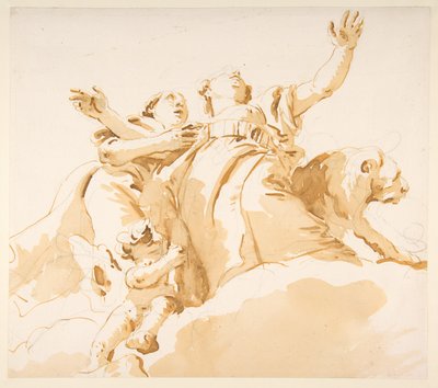 Zwei Frauen, ein Löwe und ein Putto auf Wolken af Giovanni Battista Tiepolo
