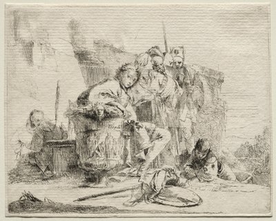 Forskellige luner: Ung mand siddende, lænet op ad en urne. af Giovanni Battista Tiepolo