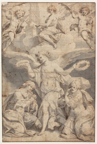 En engel kranser en knælende kvinde og en knælende soldat, mens to engle i skyerne kommer flyvende med palmegrene og en tredje spiller på orgel af Giovanni Battista Trotti