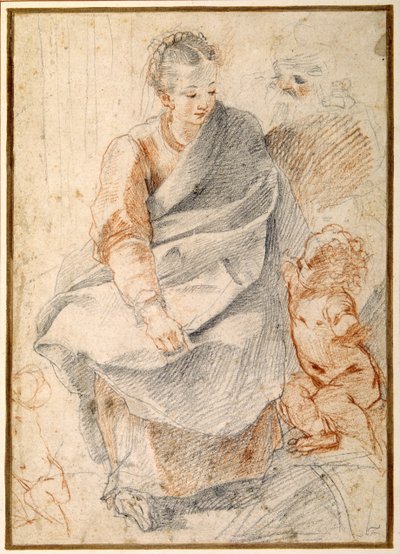 Den hellige familie (rødt og sort kridt på hvidt papir) af Giovanni Battista Vanni