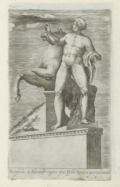 Sculptuur van een van de Dioscuren op het Quirinaal te Rom Bucephalus & Alexander store værk (...) (titel på objekt) Antikke skulpturer i Rom (serietitel) Ikoner af de gamle statuer af byen Rom, som ses på offentlige steder (serietitel) af Giovanni Battista de