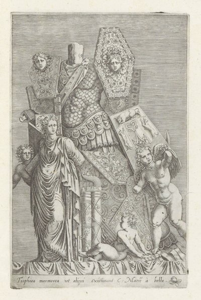 Trofee van wapans, een vrouwenfigur og engelen Et marmortrofæ, som nogle tror (...) (titel på objekt) Antikke skulpturer i Rom (serietitel) Ikoner af de gamle statuer af byen Rom, som ses på offentlige steder (serietitel) af Giovanni Battista de
